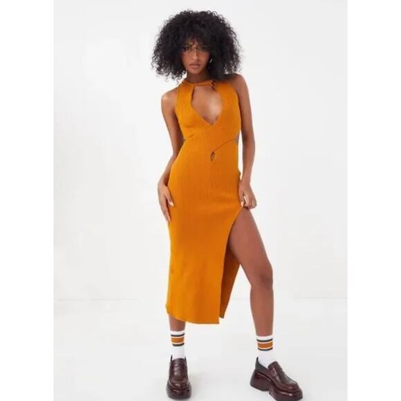 (S) NWT $189 For Love & Lemons Maggie Midi Dress Gold - Picture 1 of 9
